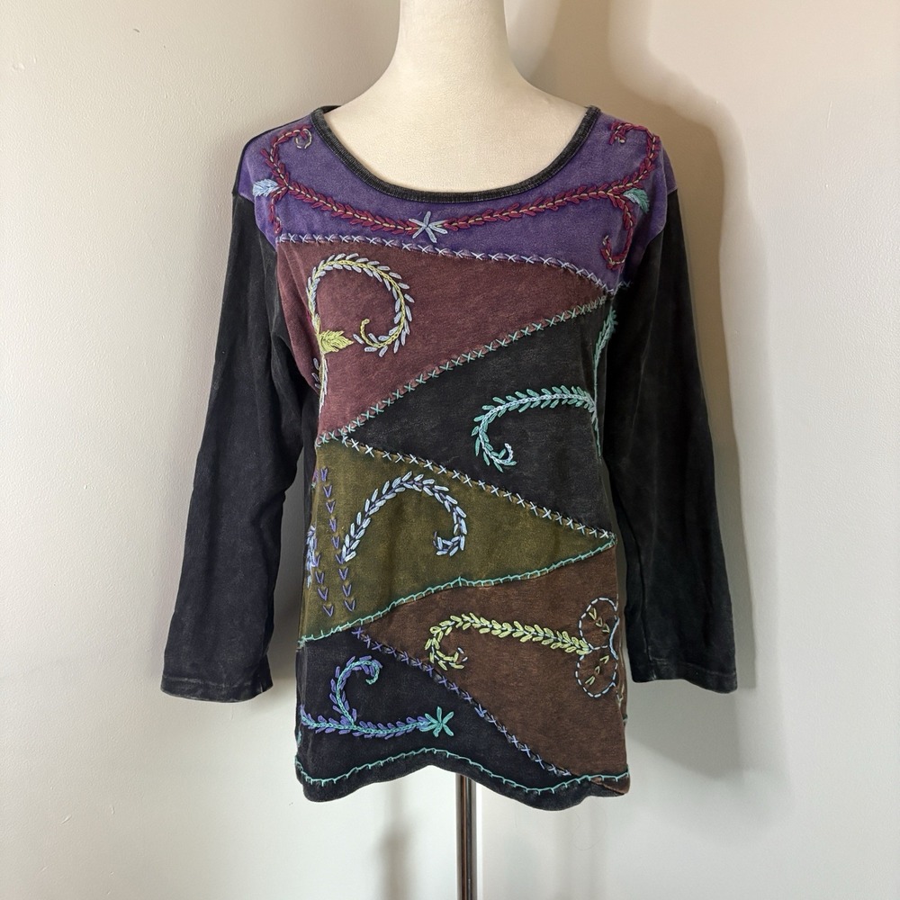 VTG Rising International Handcrafted Patchwork Top XL Embroidered Cotton Nepal